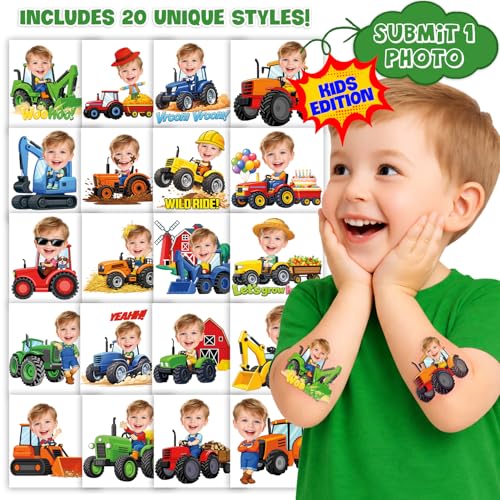 Image of Custom Tractor Temporary Tattoos for Kids, Set of 20 | Personalized Pre-Cut Face Photo, Birthday Party Favors, For Boys Girls, Tractor Lovers