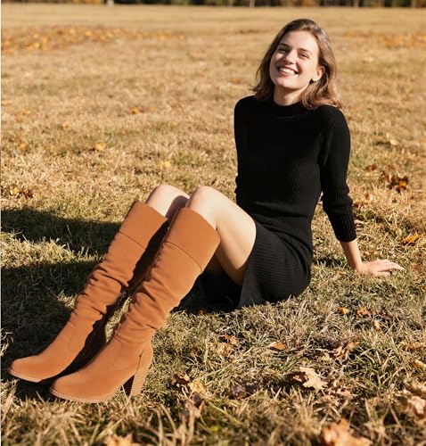 MeiLuSi Women's Slouchy Knee High Boots Suede Fall Boots Round Toe Chunky Heel Boots Warm Winter Boots Wide Calf Boots Outdoor Side Zipper3