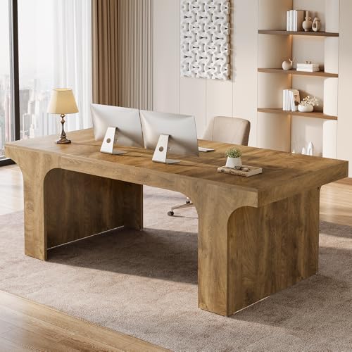 Image of Tribesigns 70.87 inch Executive Office Desk, Large Workspace Computer Desk, Modern Wooden Writing Table Simple Business Furniture with Arched Design for Home Office, Sturdy Room, Oak