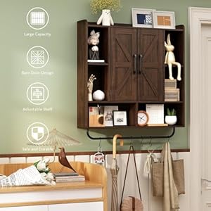 RUSTOWN Rustic Wood Wall Bathroom Cabinet, Farmhouse Medicine Cabinet Wall Mounted, Space Saving Wall Storage Cabinet with 2 Barn Door, 3-Tier Adjustable Shelves and Towel Bar(Dark Walnut) RUSTOWN Rustic Wood Wall Bathroom Cabinet Farmhouse Medicine Cabinet Wall Mounted Space Saving Wall Storage Cabinet with 2 Barn Door 3 Tier Adjustable Shelves and Towel BarDark Walnut