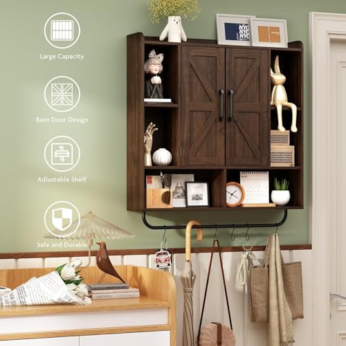 RUSTOWN-Rustic-Wood-Wall-Bathroom-Cabinet-Farmhouse-Medicine-Cabinet-Wall-Mounted-Space-Saving-Wall-Storage-Cabinet-with-2-Barn-Door-3-Tier-Adjustable-Shelves-and-Towel-BarDark-Walnut RUSTOWN Rustic Wood Wall Bathroom Cabinet Farmhouse Medicine Cabinet Wall Mounted Space Saving Wall Storage Cabinet with 2 Barn Door 3 Tier Adjustable Shelves and Towel BarDark Walnut