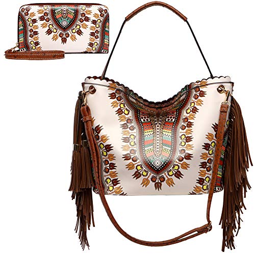 Bright African Black Dashiki Ostrich Fringe Tassels Western Country Handbag Women Shoulder Bag Wallet Set