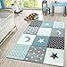 TT Home Alfombra Infantil Juego Cuadros Estrellas Luna Pastel Turquesa Blanco Gris, Größe:120x170 cm