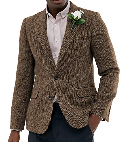 Men's Suit Tweed Blazer Wool Single Breasted Thin Herringbone Sports Jacket Coat(Brown,42)