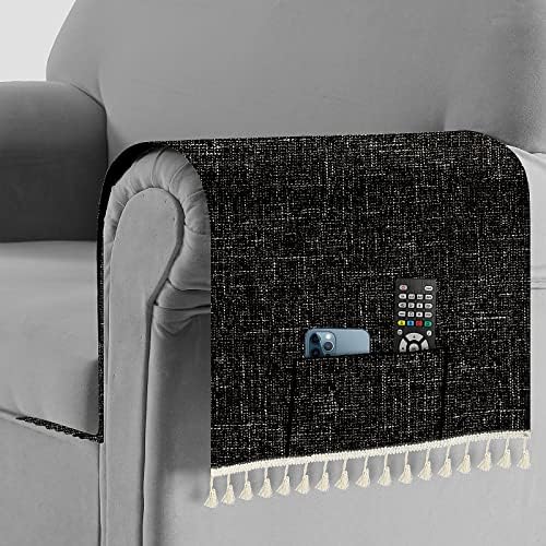 Faux Linen Armrest Cover for Recliner Macrame Design Armchair Caddy Slipcover for Living Room Couch with 2 Pockets for Phone Sofa Arm Protector for Pets, Cats, 2 Pieces, Black