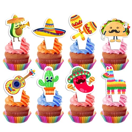 32 PCS Mexican Fiesta Cupcake Toppers - Cactus Donkey Maraca Sombrero Taco for Mexican Fiesta Theme Birthday Party Cake Decorations Supplies
