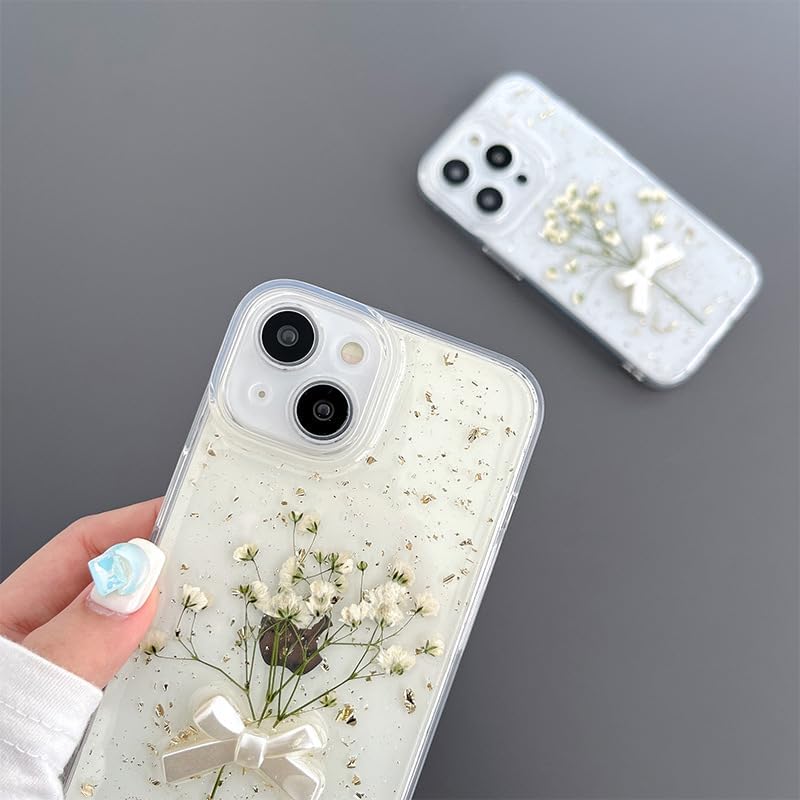 for iPhone 13 Pro Max - White Flower Bow Case - Full Star Real Flower Gold Foil Transparent Case - Soft TPU for Women and Girls 6.7 - Image 5