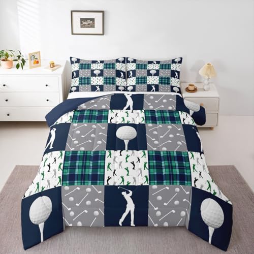 Image of Feelyou Golf Comforter Set King Size Blue Green Plaid Buffalo Check Geometric Bedding Set for Kids Boys Girls Sports Theme Duvet Quilt Bedroom Decor Microfiber 3 Pcs with 2 Pillow Cases