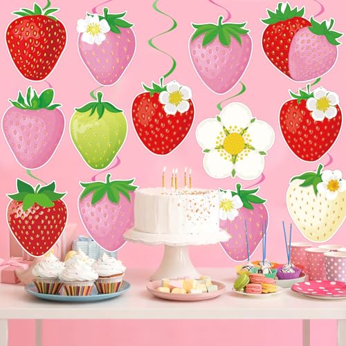 Image of 40Pcs Strawberry Hanging Swirls Decorations, Sweet Strawberry Party Ceiling Hanging Swirls Streamers for Berry First Birthday Baby Shower Party Decor Supplies