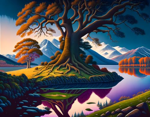Toile grand chêne près d'un lac enneigé déco salon nature 50x70