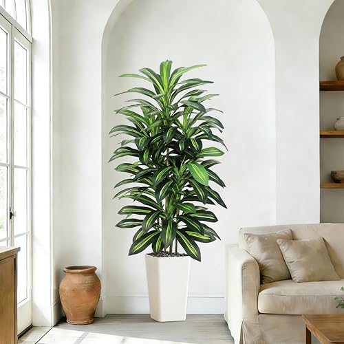 Image of Artificial Dracaena Tree Indoor, 6FT Tall Fake Floor Plants with White Planter & Pebbles, Faux Silk Yucca Tree for Home Office Living Room Bedroom Farmhouse Modern Outdoor Topiary Tree