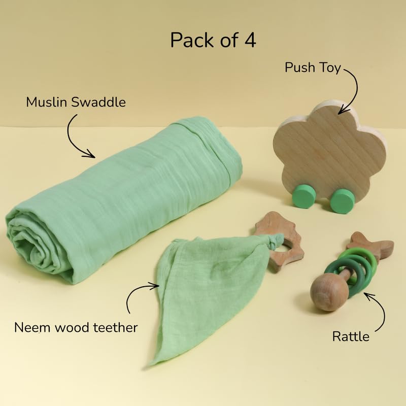 Image of Baby Gift Set - Bageecha | Newborn Gift Set with Muslin Swaddle, Wooden Rattle, Rolling Toy & Neem Wood Teether | 3 Months+ | Handmade in India | Non Toxic Baby Gift