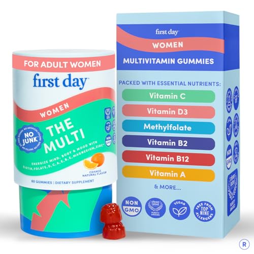 FIRST DAY Womens Multivitamin Gummies for Energy Hair & Overall Health Daily Multivitamin with Organic Superfood Blend Methylated Folate Zinc & Biotin Vegan No Junk 60 Gummies
