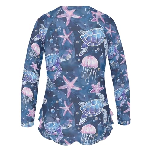 Sea Turtle Starfish Girls One Piece Rash Guard Swimsuit, Girls Long Sleeve Swimwear for 3-12Y3