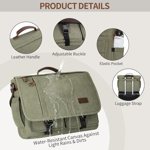 Image of ESTARER Messenger Bag 17.3 Inch, Mens Computer Bag Water-resistant Canvas, Laptop Bag Satchel Briefcase for Teacher /College /Work /Travel, Army Green