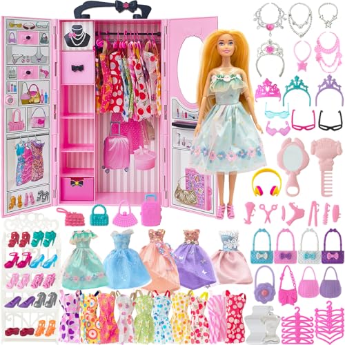 Yutoy Armário de boneca - Armário com roupa e boneca - Dreamhouse bonecas - com acessórios bonecas - usar roupas e acessórios, rosa (YC006-Pink)