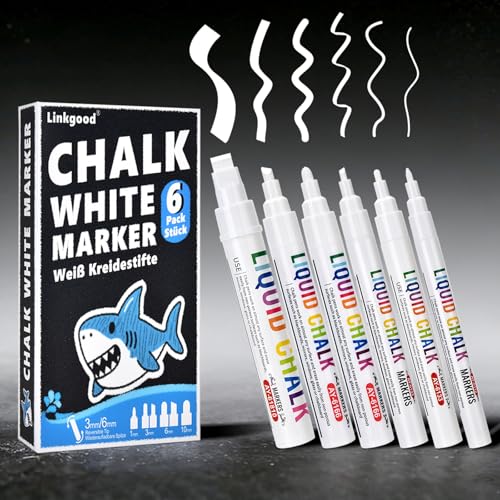 Weiße Flüssigkreide 6er Set Kreidemarker Abwaschbar Fenstermalstifte Tafelstifte Whiteboard Marker mit 6 verschiedenen Spitzen Hochdeckend Wasserbasiert für Glas Fenster Tafel Spiegel Whiteboard
