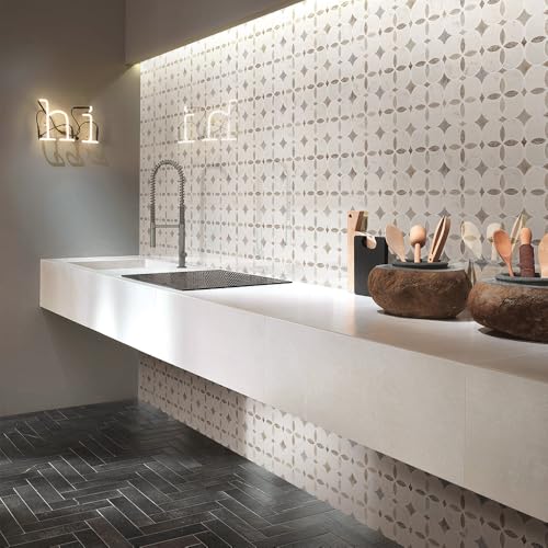 Anemone Flower Stone Mosaic 5 Sheets Mixed Color Italian Gray Marble Stone Kitchen Backsplash Water Jet Mosaic Flooring Tile Interior for Kitchen Backsplash Wall 4.65 sq. ft. (Natural White +Gray)