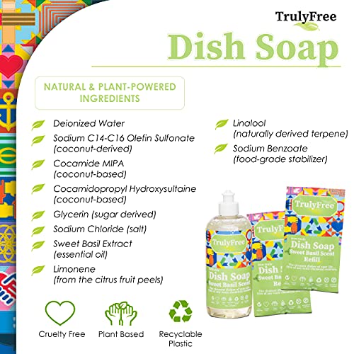 Image of Truly Free Non Toxic Dish Soap Kit | Natural Concentrated Dishwashing Liquid - Sweet Basil Scent | Organic Plant-Based | Family Safe - Eco-Friendly Formula | 16 fl oz