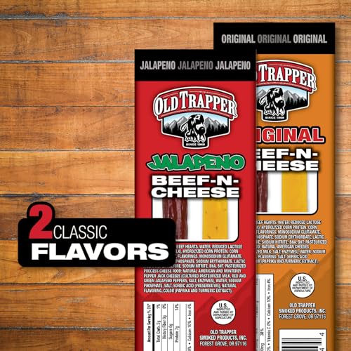 Image of Old Trapper Beef-N-Cheese, Jalapeno Flavor, 1.3-Ounce Individual Package, Spicy and Savory Beef Stick and American Cheese Snack Pack, Great Snack for Lunch Boxes or Between Meals (Pack of 14)