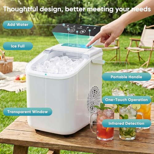 Image of DUMOS Ice Maker Countertop, Ice Machine with Portable Handle, Basket and Scoop, 26lbs Daily, 9 Bullet Cubes in 6-8 Mins, Auto-Cleaning for Home, Kitchen, Office, Outdoors, RV Camping
