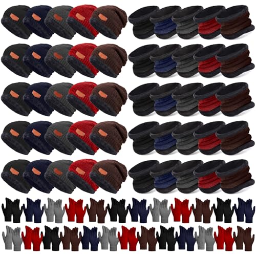 Toulite 75 Pcs Kids Winter Beanies Gloves Scarf Bulk for Boys Girls,Warm Fleece Lining Hats Gloves Neck Warmer Homeless Gift