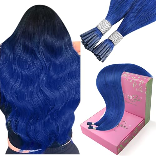Image of YoungSee Blue I Tip Hair Extensions, 16 Inch Itips Hair Extensions Human Hair, Blue Colorful, Hair Extension I Tip, 40 Strands 25g, Experimenting with Colors