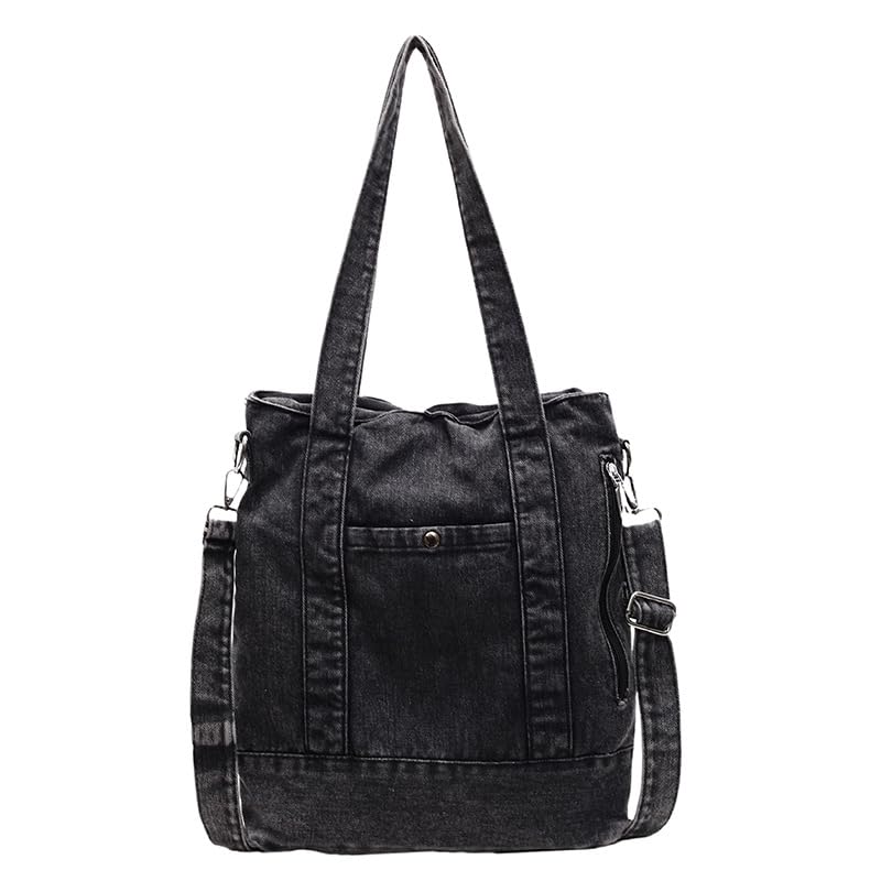 Denim Tote Bag for Women Vintage Casual Handbag Simple Shoulder Purse with Top Handles Retro Style Everyday Carryall