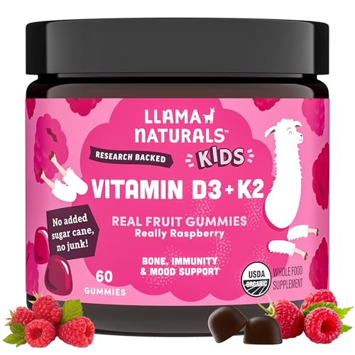 Llama Naturals Kids Vitamin D3 K2 Gummies Vegan Organic Children Toddler Vitamin D Gummies Real Fruit Gummy Vitamins No Added Sugar Cane Raspberry 60 Ct
