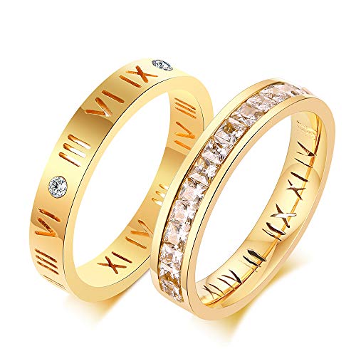 MEALGUET Pack of 2 18K Gold Plated Titanium Steel Roman Numeral and Cubic Zirconia Wedding Ring Bands Set Stacked Ring for Women Girls,Size 8