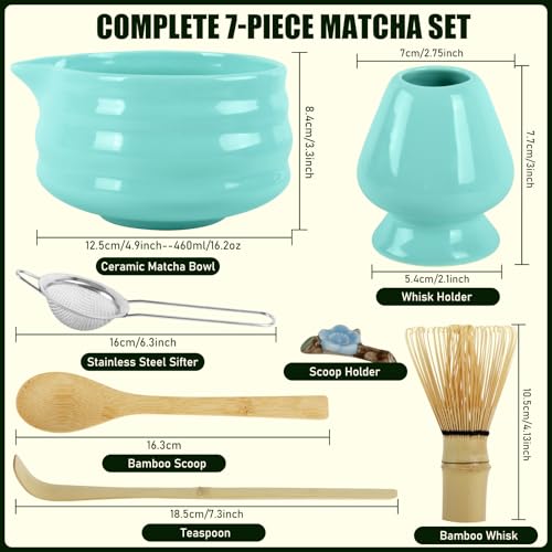 Matcha Set - 7 Stück Matcha Rührer Set Enthält Matcha-Schüssel mit Ausgießer, Bambus-Matcha-Rührer und Ständer, Bambus-Matcha-Löffel, Teelöffel, usw, Geschenk für Ihre Lieben