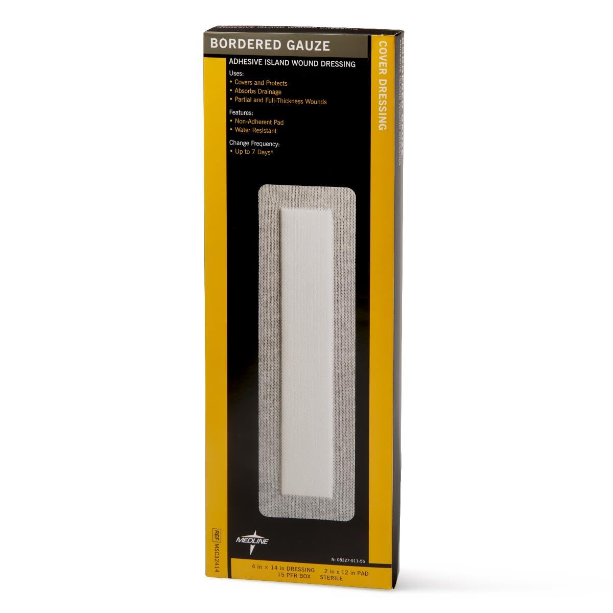 Medline MSC3222ZZ- Calibre estéril, 5 x 5 cm (paquete de 15), 4" X 14" (2" X 12" pad), blanco, 15