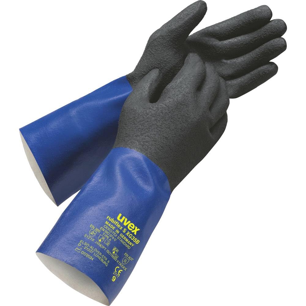 Uvex Rubiflex S XG 35 B Chemical Protective Glove, Nitrile Coating, Black/Blue, Size 8