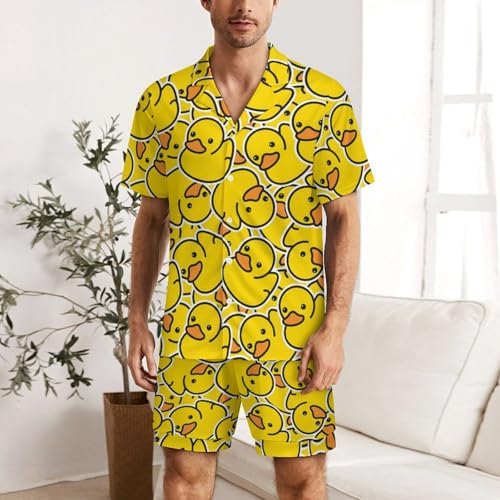 Cute Yellow Rubber Ducky Men‘s Short Sleeve Sleepwear Funny Pajamas Sets Button Down Shirts and Bottom Shorts Loungewear2