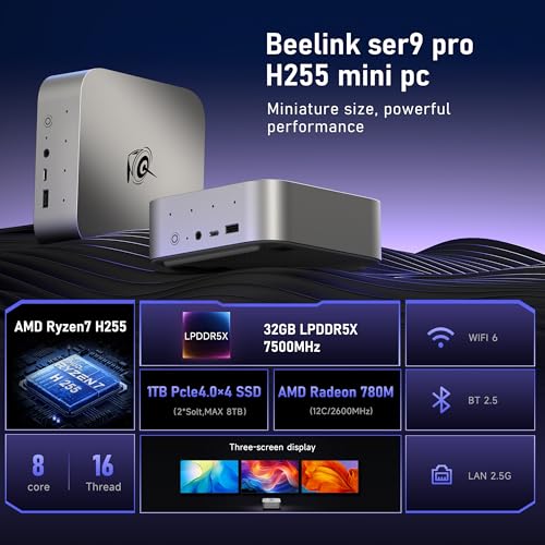Image of Beelink SER9 PRO Mini PC, AMD Ryzen 7 H255(8C /16T, Up to 4.9GHz), 32GB LPDDR5X 1TB PCIe4.0 SSD, 4K 240Hz Triple Display /USB4.0 /WiFi6 /BT5.2 /2.5G LAN /Win 11 Pro, Home /Office Mini Computer
