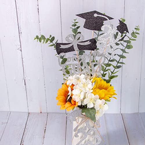 Gexolenu 16 Pcs Glitter Silver Double-Sided Graduation Centerpieces For Tables, 2023 Graduation Table Toppers Party Centerpiece Sticks Party Supplies, Set Of 4 #TOP4