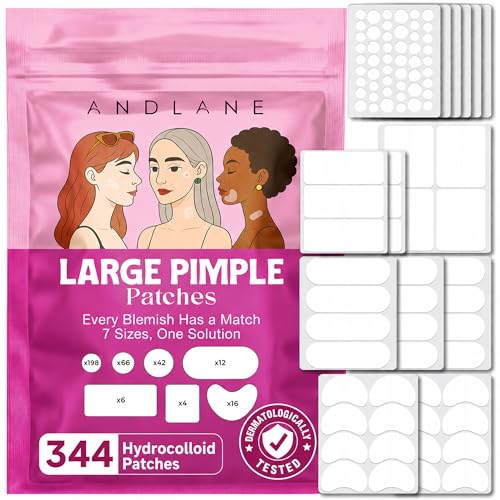 344 Pcs Large Pimple Patches for Face 7 Sizes XL Acne Patches for Full Face Big Hydrocolloid Bandages for Body Chin Forehead Chest & Back Hydrocolloid Patch (Round Crescent Oval & Rectangular)