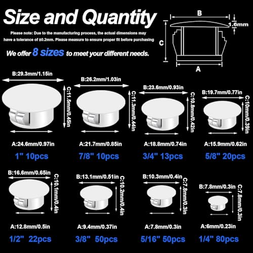 Image of Tnisesm 255Pcs 8 Sizes Nylon Plastic Hole Plugs 1 /4 inch 5 /16 inch 3 /8 inch 1 /2 inch 5 /8 inch 3 /4 inch 7 /8 inch 1 inch Round Drill Hole, Flush Type Panel Knockout Locking Plugs, Screw Covers for Furniture Cabinet Insert End Caps