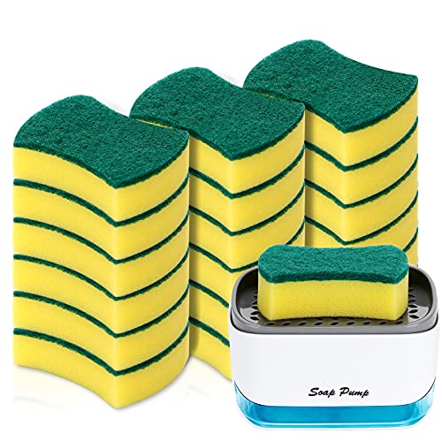 19 Pack Kitchen Clean Sponges for Dish,1 Pack Dish Soap Dispenser for Kitchen, Soap Dispenser and Sponge Holder 2 in1