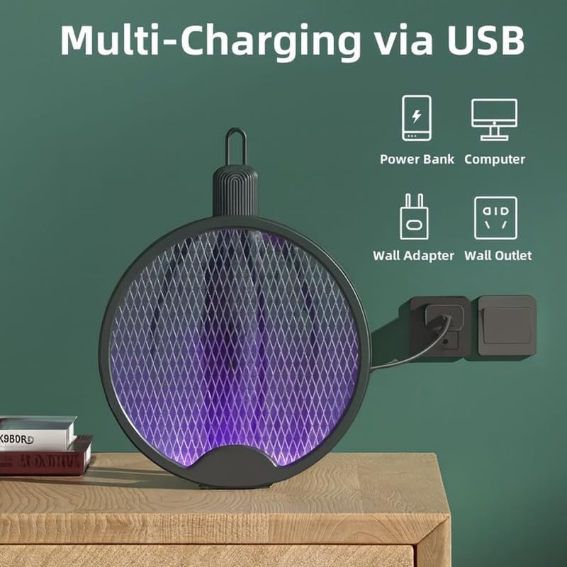 Image of Green River Foldable Swivel Mosquito Racket | 2-in-1 Electric Mosquito Bat with UV Light Lamp | USB Rechargeable Fly Swatter Bug Zapper | Hangable Insect Killer with Long Lasting Battery (Dark Grey)