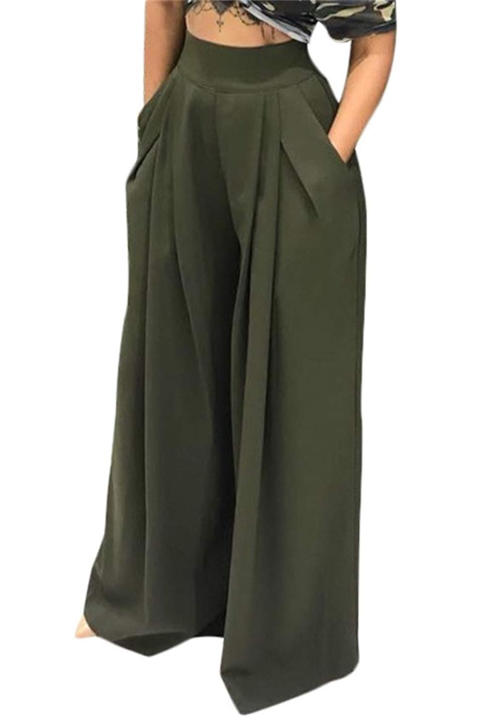 NRTHYE Womens Palazzo Long Pants High Waist Wide Leg Stretchy Loose Fit Casual Trousers with Pocket