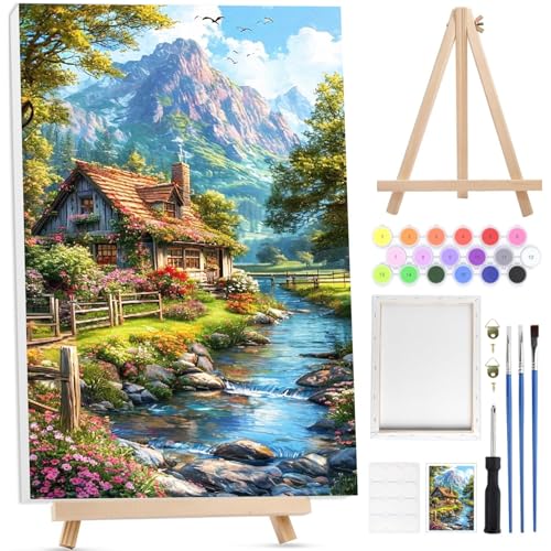 BOWETILE Aldea Pintar por Numeros Adultos Niños Principiantes con Marco&Caballete de Madera, Kit Cuadros para Pintar por Numeros, Pintura Acrilica Manualidades Adultos para Decoración, 20x30cm