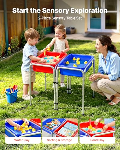 Image of VEVOR Sensory Table for Toddlers, Kids 2-Station Sand and Water Adjustable Play Table with Detachable Storage Bins and Non-Slip Feet, Carbon Steel Frame, Rounded Corners, for Boys and Girls Exploring