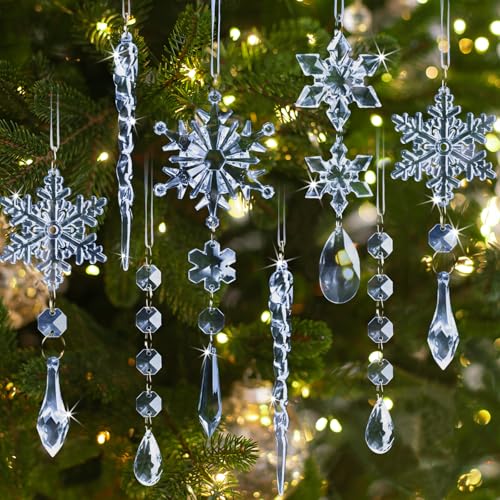 Image of GuassLee 36pcs Crystal Christmas Tree Ornaments - Blue Acrylic Snowflake Icicle Drop Crystal Hanging Ornaments for Christmas Tree Wonderland Frozen Themed Birthday Party Decor