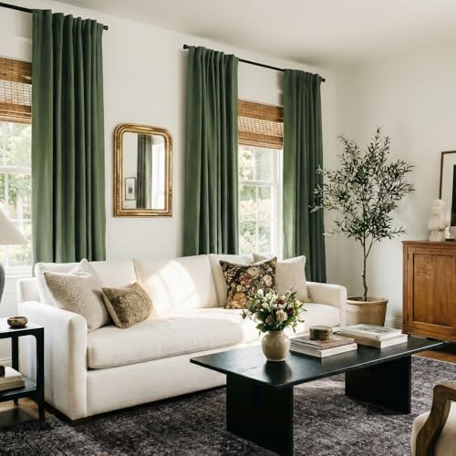Image of 100% Blackout Shield Linen Blackout Curtains for Bedroom 84 Inches Long, Back Tab /Rod Pocket Living Room Drapes, Thermal Insulated Blackout Curtains 2 Panels Set, 50 inch W x 84 inch L, Moss Green