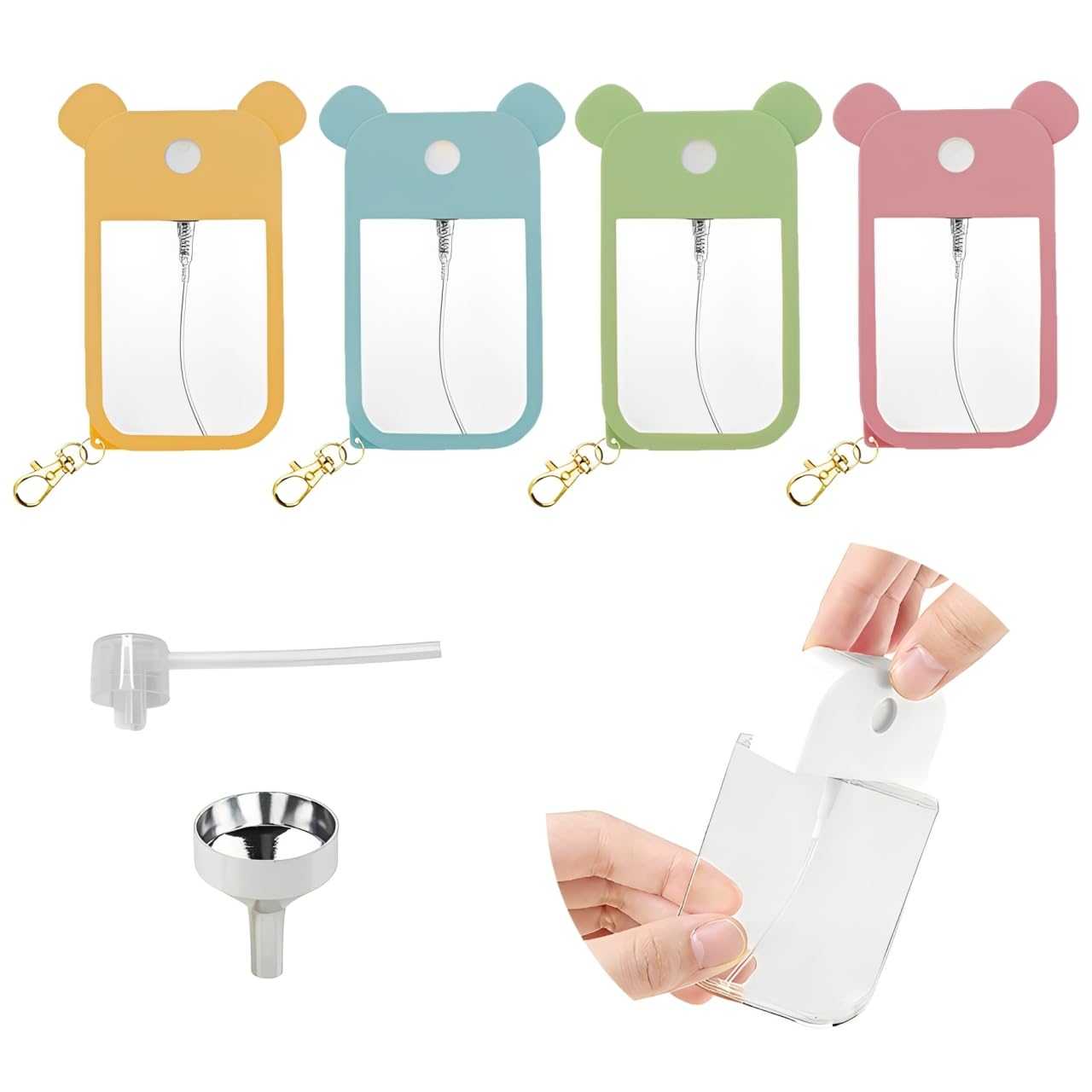 4-Pack Reusable Portable 50ml Spray Bottles with Hooks & Silicone Sleeves, Refill Nozzle and Funnel for Hand Sanitizer & Fragrance Cosmetics Moisturizer (Empty Bottles, Twist-off Caps).