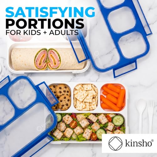 Image of kinsho Bento Lunch Box for Kids Boys Adults, Portion Control Meal Container with 4 Divided Compartments, BPA Free Snackle Snack Food Container for School Work Travel, Utensils, Blue