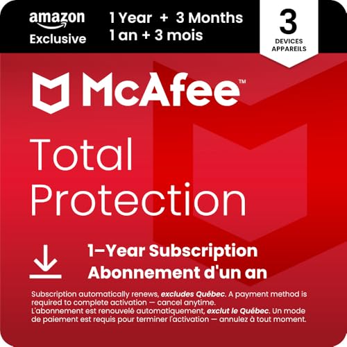 McAfee Total Protection 2026 | 3 Devices | 15 Month Subscription with Auto-Renewal | Cybersecurity software includes Antivirus Secure VPN Dark Web Monitoring | AmazonExclusive | Online Code