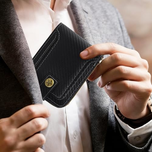 Image of Men Wallet, Vintage PU Leather Multi-Card Zipper Wallet with 8 Card Slots and Coin Pocket Large Capacity Buckle Credit Card Holder Wallet with Zipper (B, Black)