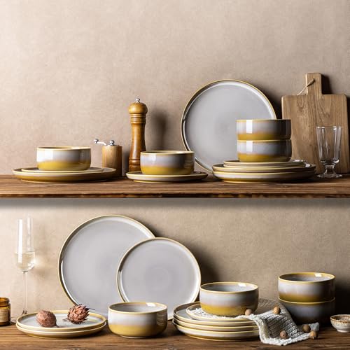 Image of TheTerra Ceramic Dinnerware Sets for 8, 24 Pieces Handmade Reactive Glaze Plates and Bowls Set, Scratch Resistant Dish Set, Oven & Microwave & Dishwasher Safe, Autumn Haze